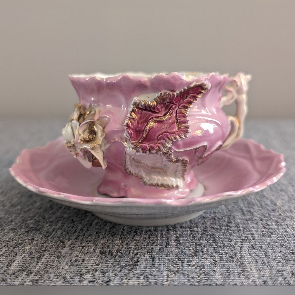 Antique Victorian Style Lusterware Cup and Saucer, Raised Floral Details